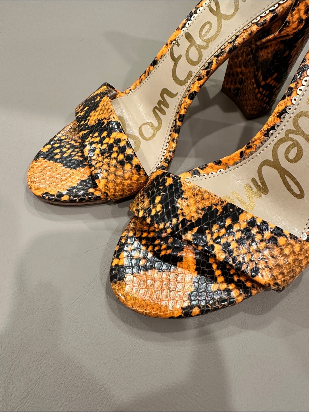 Sam Edelman Yellow-Black Snake Print Ankle-Strap Heels - Picture 5 of 10